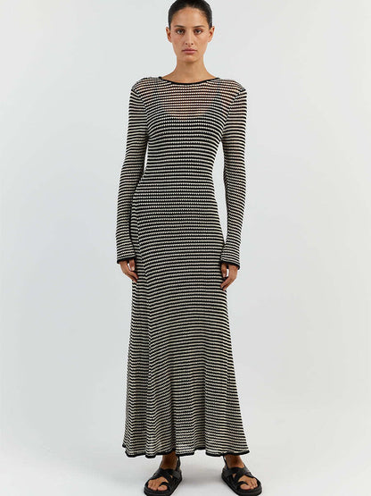 Mesh Striped Beach Vacation Knitted Hollow Outmaxi Dress