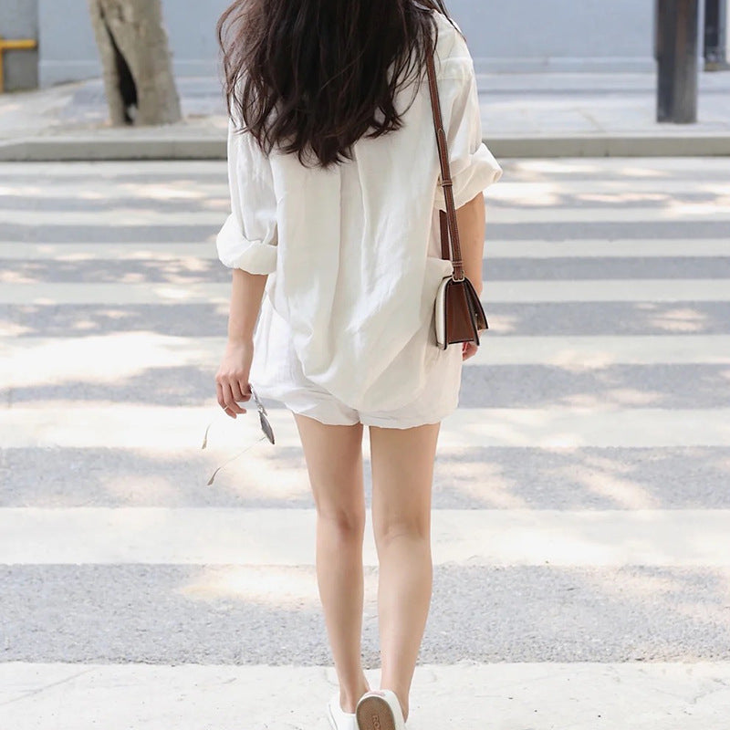 Linen Shirt Shorts Set Loose Laid Back Cotton Linen Shirt Two Piece Set