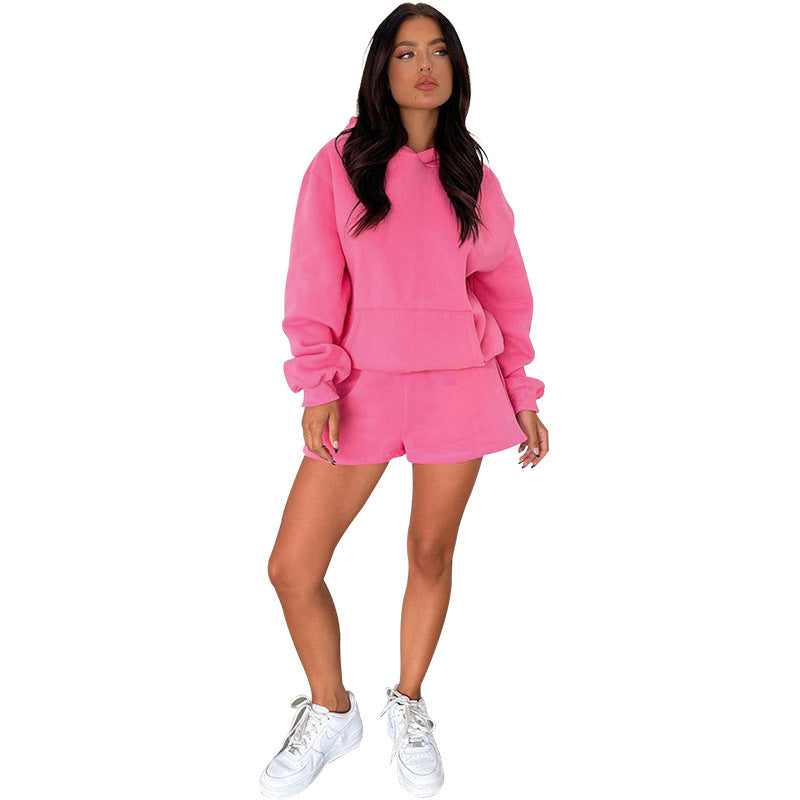 Autumn Winter Color Long-sleeved Hooded Sweaters Clothing Two Piece Shorts Sets