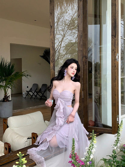 Strapless Purple Tulle Maxi Dress Summer Beach Vacation Outfit