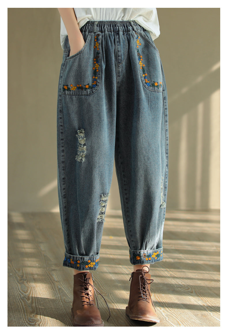 Ripped Embroidered Denim Harem Pants Op1025