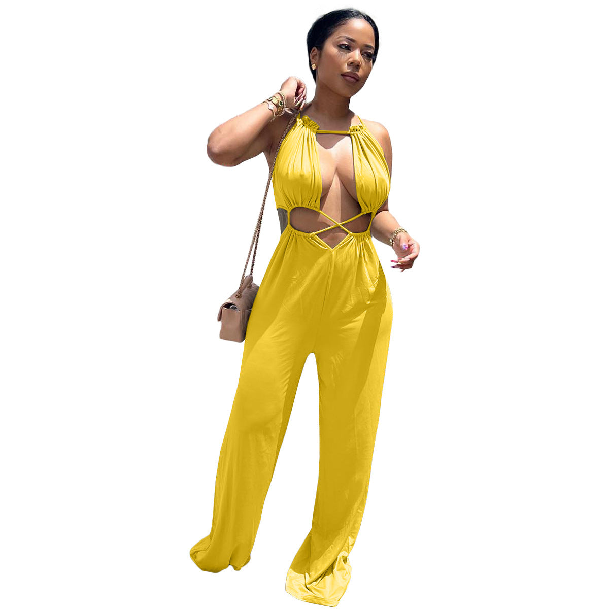 Irregular Asymmetric Lace Up Wrapped Chest Loose Wide Leg Jumpsuit