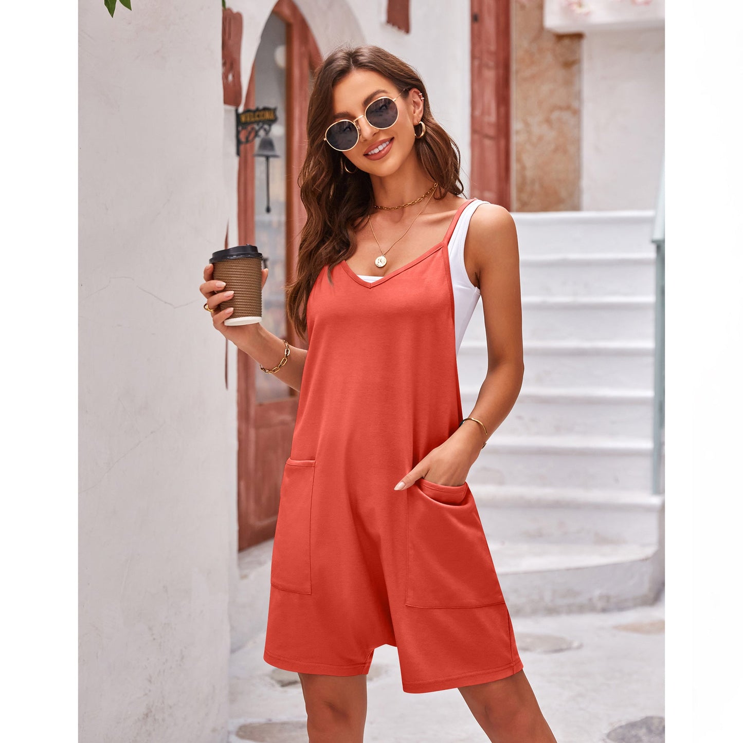 Clothing Summer Pocket Spaghetti Straps Knitted Shorts Jumpsuit Suspender Pants