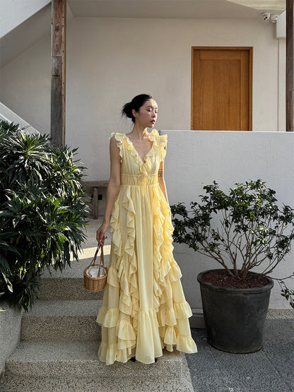 Sunset Ruffle Asymmetrical Maxi Dress Romantic Flowy Vacation Look Gunne Sax Dress