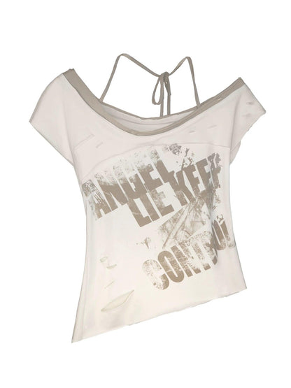 Cest Nous Distressed Graphic Off-shoulder Top - Tie-back T-shirt With Asymmetric Hem