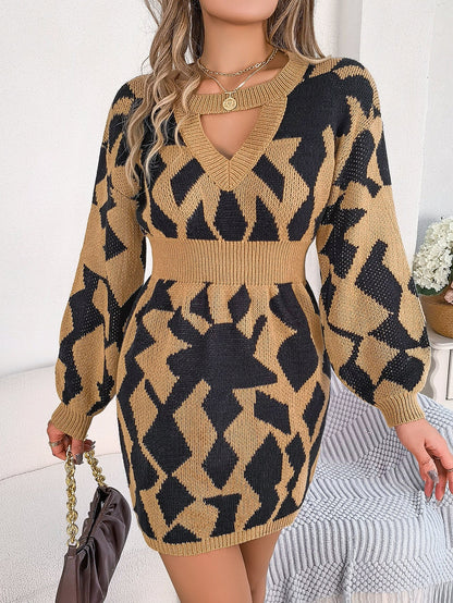 Autumn Winter Color Matching Hollow Out Cutout Out Lantern Sleeve Fitted Waist Sweater Dress Clothing