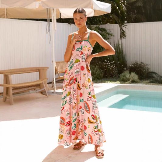 Summer Printed High Waist Seaside Holiday Swing Dress Long Dress