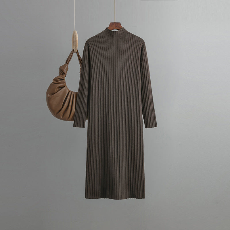 Knitted Bottoming Dress, Autumn Winter Half High Collar Mid Length Dinified Sweater Over the Knee