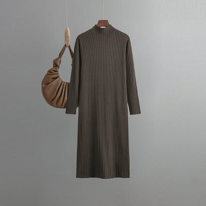 Knitted Bottoming Dress, Autumn Winter Half High Collar Mid Length Dinified Sweater Over the Knee