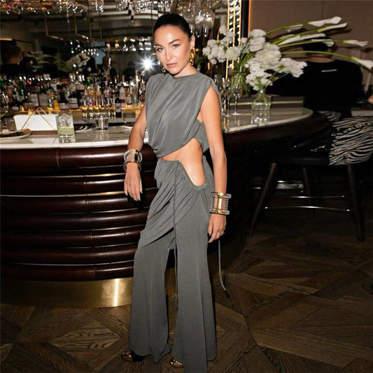 Autumn Winter Personalized Pleated Round Neck T Shirt Color Irregular Asymmetric Bootcut Pants Sets