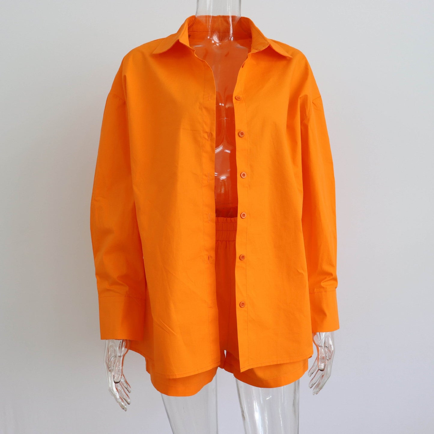 Spring Summer Two Piece Set Color Single Breasted Long Sleeve Collared Shirt Shorts Loose Set