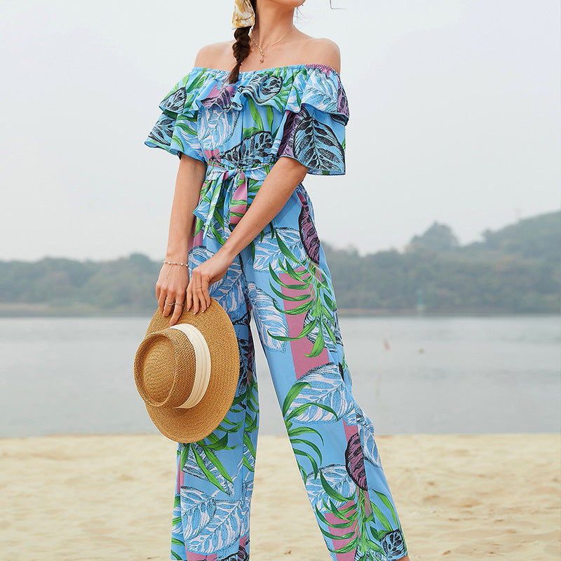 Clothing Off-shoulder Jumpsuit Summer Short Sleeve Chiffon Vacation Beach Jumpsuit