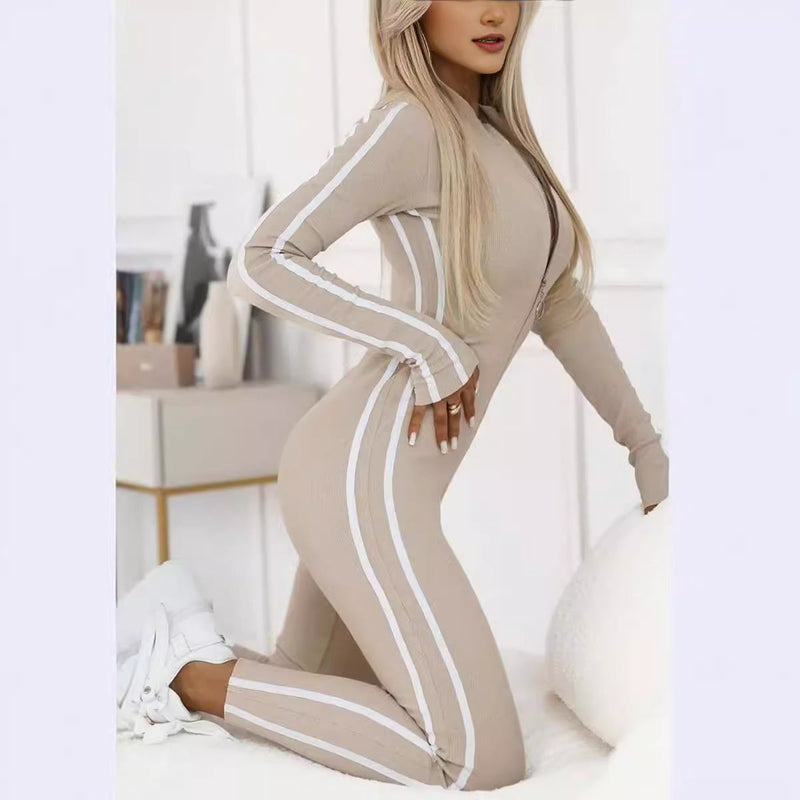 Autumn Winter Slim Striped Half Zipper Jumpsuit