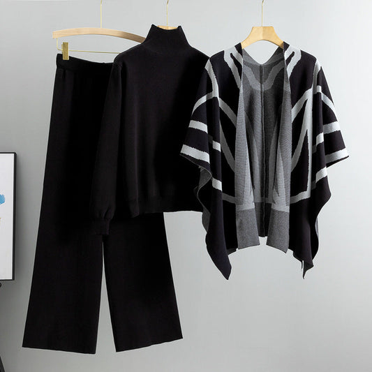 Black – Knit Sweater Shawl Three Piece Set