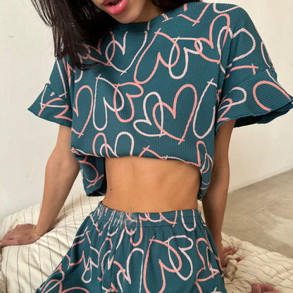 Summer Printing Suit Ruffled Short Sleeve Round Neck Shorts Pajamas Two Piece Set