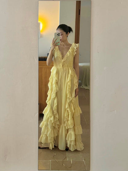 Sunset Ruffle Asymmetrical Maxi Dress Romantic Flowy Vacation Look Gunne Sax Dress