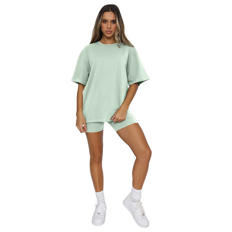 Summer Color Short Sleeve Round Neck Pullover Top Urban Shorts Suit