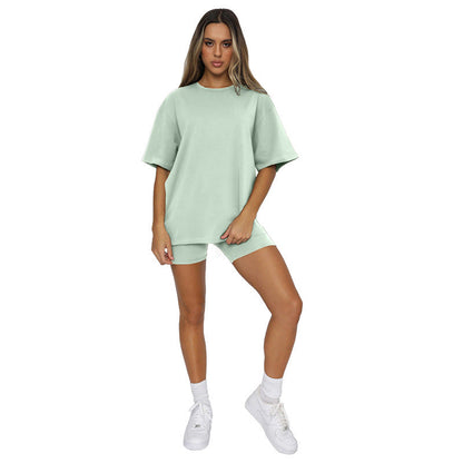 Summer Color Short Sleeve Round Neck Pullover Top Urban Shorts Suit