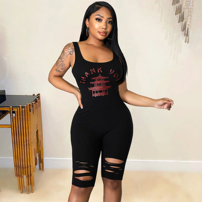 Summer Clothing Sports Printed Hollow-out Ripped for Romper