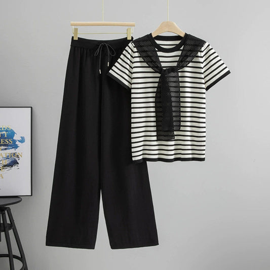 Black – Drawstring Short-sleeve Striped Two-piece Set