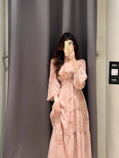 French Pink Long Sleeve Maxi Dress V-neck Fairycore Gown Gunne Sax Dress