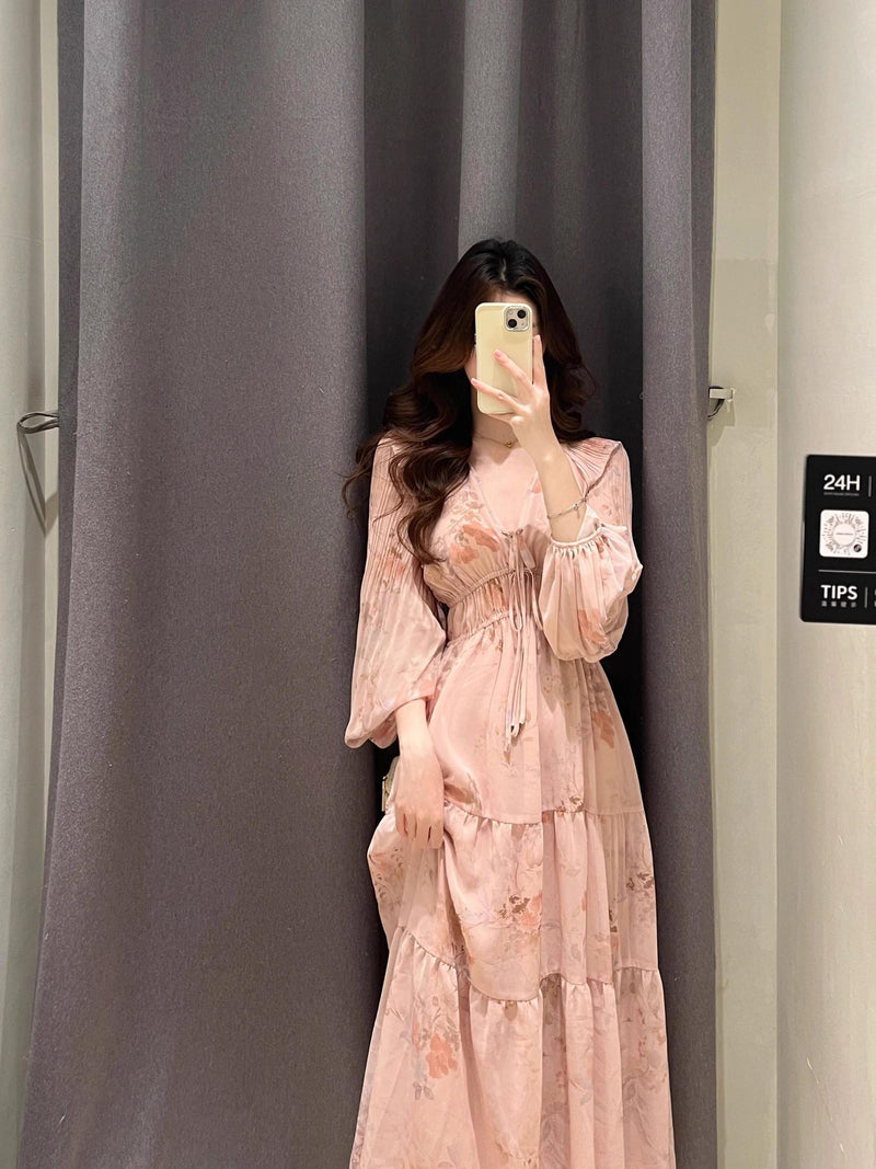 French Pink Long Sleeve Maxi Dress V-neck Fairycore Gown Gunne Sax Dress