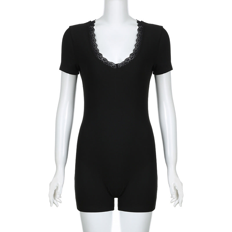 Lace V Neck Patchwork Personality Street Spring Summer Tight Short Sleeved Jumpsuit