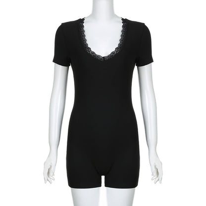 Lace V Neck Patchwork Personality Street Spring Summer Tight Short Sleeved Jumpsuit