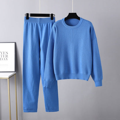 Autumn Winter Loose Sweater Two Piece Set Color Knitting Suit
