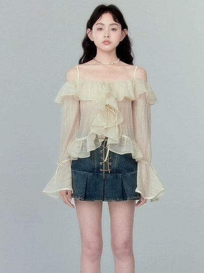 High Waist Pleated Skirt With Lace-up Detail