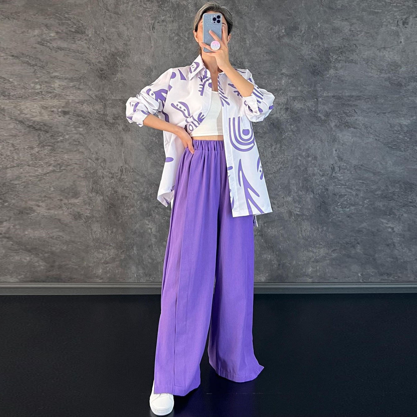 Clothing Long Sleeve Printed Shirt High Waist Slit Wide Leg Pants Set Amplified Craft