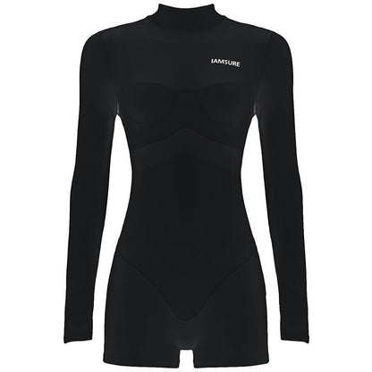 Street Mesh Stitching One Piece Short Half Turtleneck Tight Long Sleeve Narrow Jumpsuit