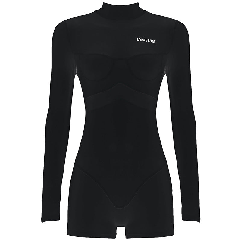 Street Mesh Stitching One Piece Short Half Turtleneck Tight Long Sleeve Narrow Jumpsuit