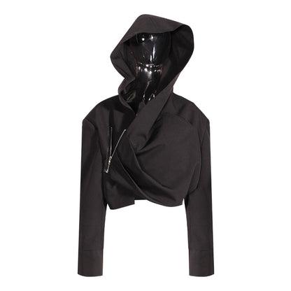 Niche Design Coat Autumn Fashionable Asymmetric Fold Zipper Loose Crop Top