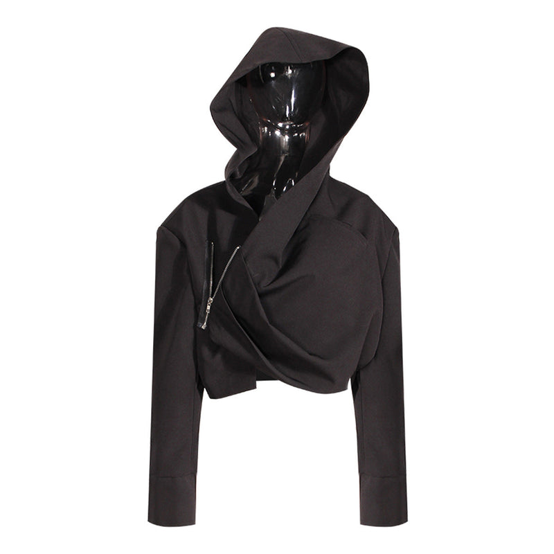 Niche Design Coat Autumn Fashionable Asymmetric Fold Zipper Loose Crop Top