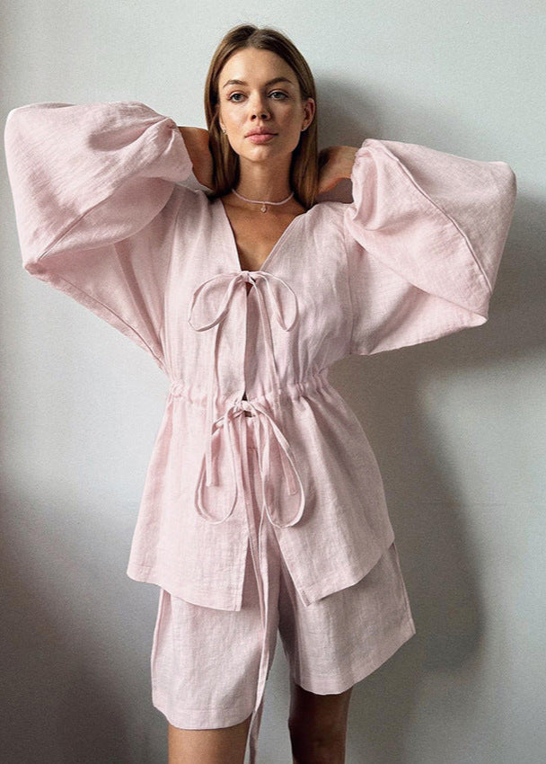 Rose Drift - Linen Two-piece Set With Bell Sleeves