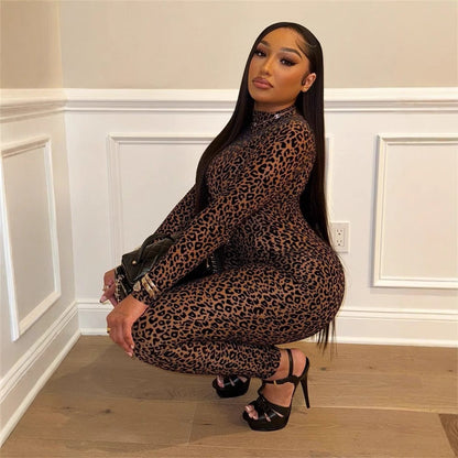 Autumn All Match Stretch Slim Fit Leopard Print Long Sleeve Jumpsuit for