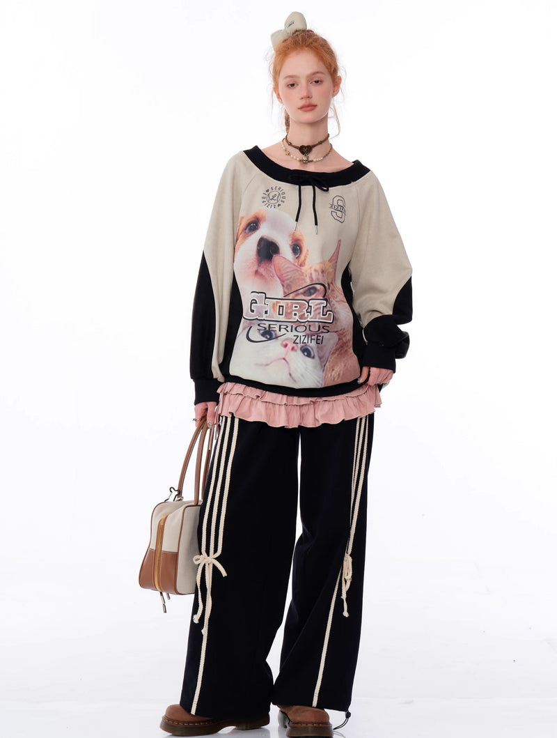 Cat and Dog Print Two-tone Sweatshirt