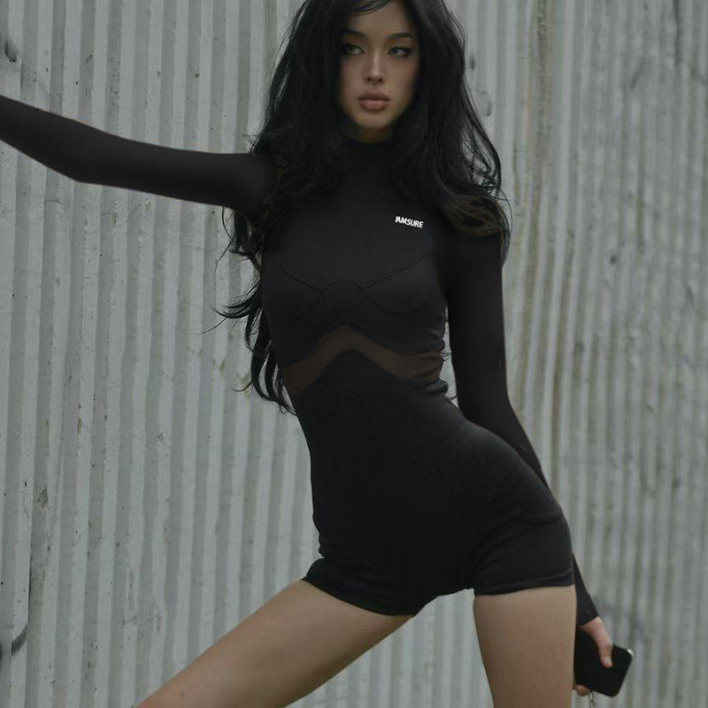Street Mesh Stitching One Piece Short Half Turtleneck Tight Long Sleeve Narrow Jumpsuit