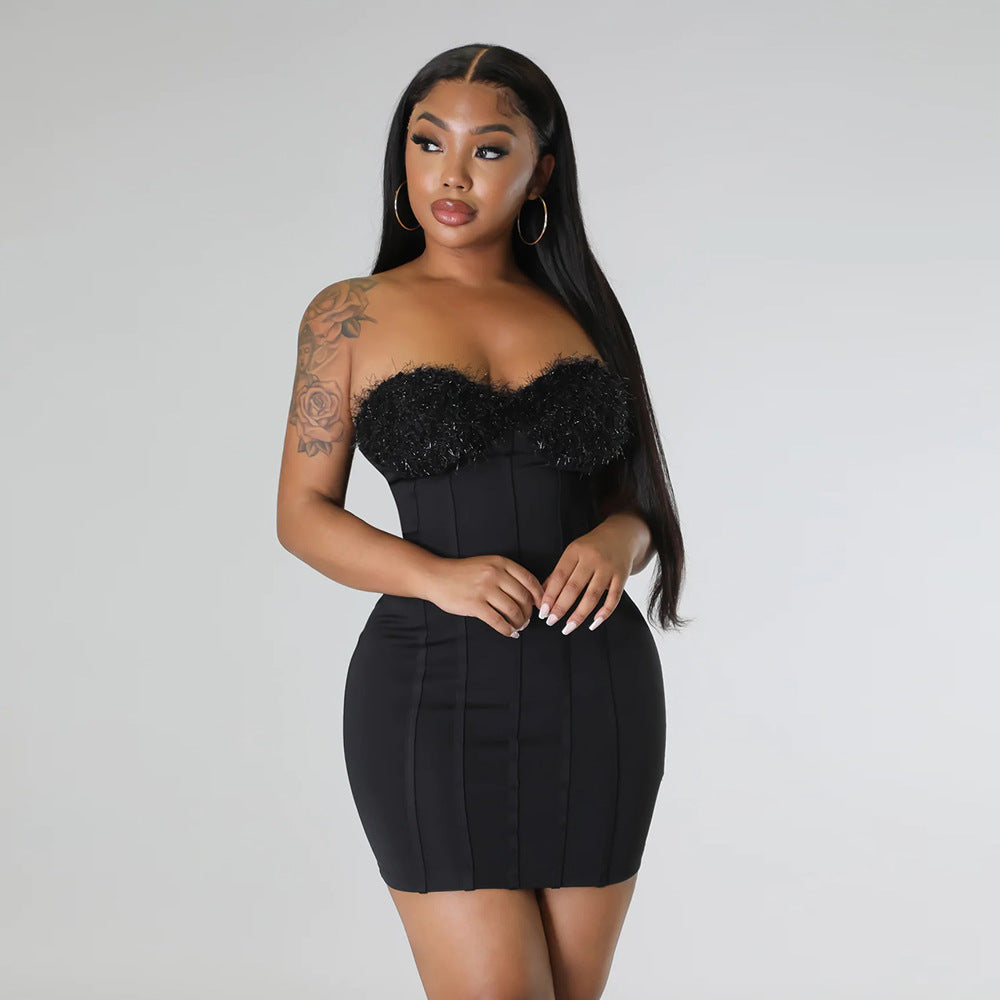 Christmas Autumn Winter Tube Top Cinched Waist Sheath Small Waistcoat Coat Two Piece Dress