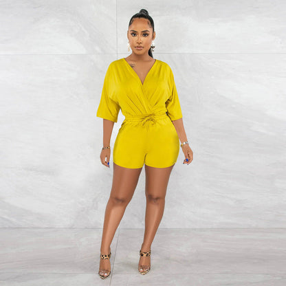 Color V Neck Fitted Waist Jumpsuit Shorts