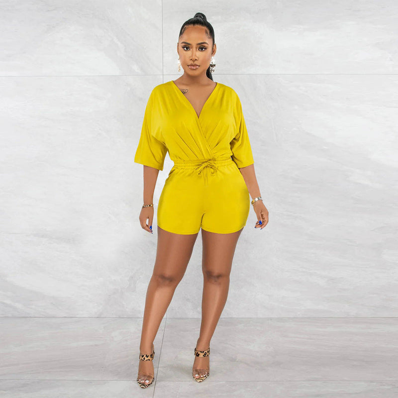 Color V Neck Fitted Waist Jumpsuit Shorts