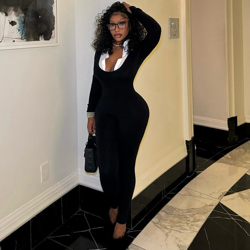 Clothing Tight Slimming Long Jumpsuit Long Sleeve Zipper White U Shaped Collar Jumpsuit