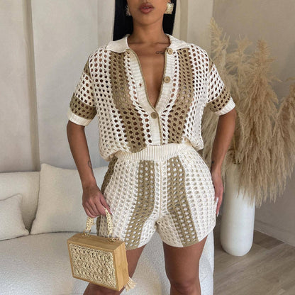 Clothing Hollow Out Cutout Out See Through Collared Knitted Shorts Suit
