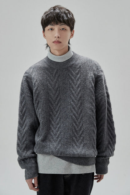 Cream Cable Knit Sweater With Chevron Pattern