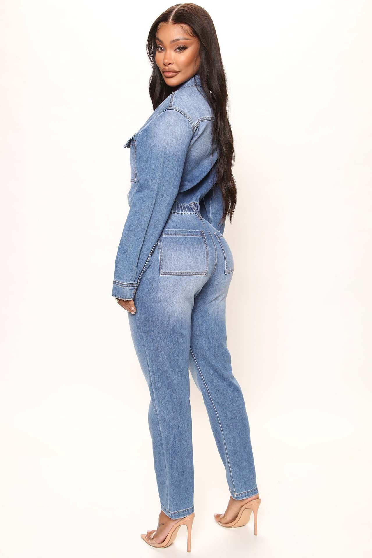 Slim Elastic Feet Wash Denim Jumpsuit