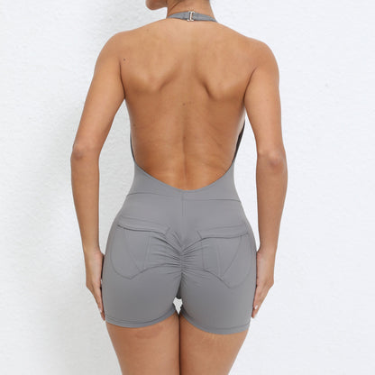 Halter Pocket Nude Feel Hip Lifting Beauty Back Yoga Jumpsuit Backless Fitness Sports Tight Jumpsuit