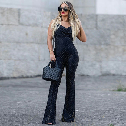 Clothing Rhinestone Siamese Trousers V Neck Slim Fit Sheath Bell Bottom Pants Jumpsuit