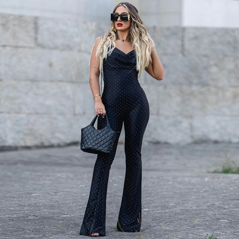 Clothing Rhinestone Siamese Trousers V Neck Slim Fit Sheath Bell Bottom Pants Jumpsuit