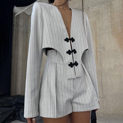 Spring Clothing Chinese Niche Design Long Sleeve Deep V Plunge Jacket High Waist Shorts Striped Set